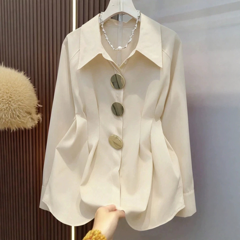 2026 Autumn New Product: Unique Metal Button Chic French Collar Shirt with Waist-Cinching Vertical Stripes, Slimming and Elegant Top
