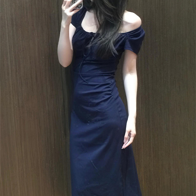 Qianyu Summer Navy Blue White Puff Sleeve Design Dress Royal Sister Style Sexy Off-Shoulder Hip-Hugging Long Skirt