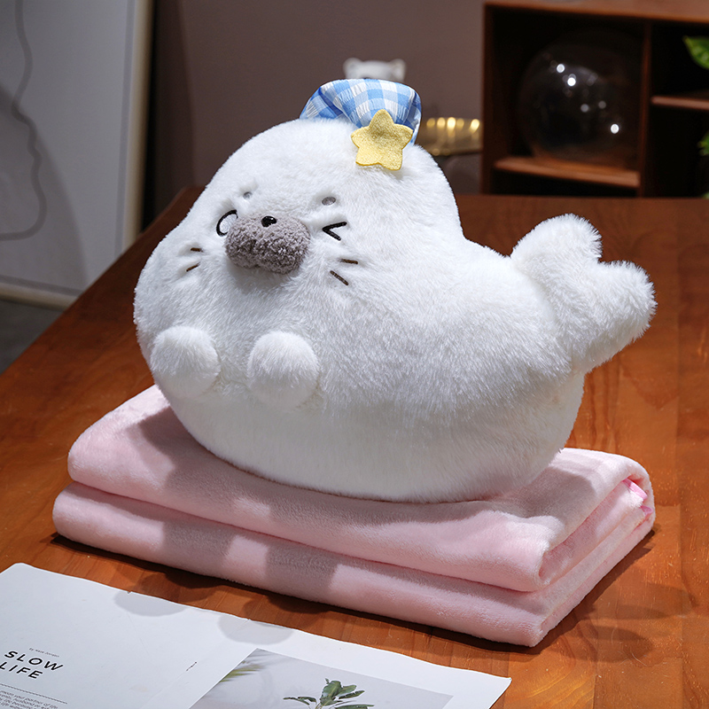 Cute foca almohada de mano caliente mantas de oficina 3 en 1 siesta almohada colcha de doble uso almohada de descanso