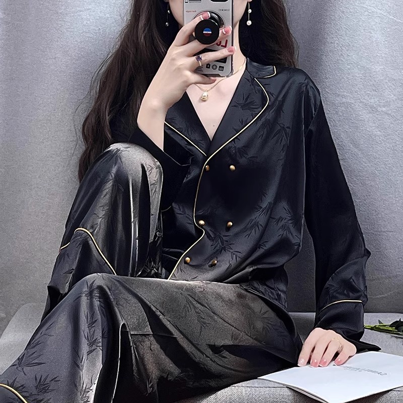 2025년 신상 봄 가을 한국 스타일 고급 아이스 실크 잠옷 여성용 자카드 긴팔 긴바지 더블 버튼 홈웨어