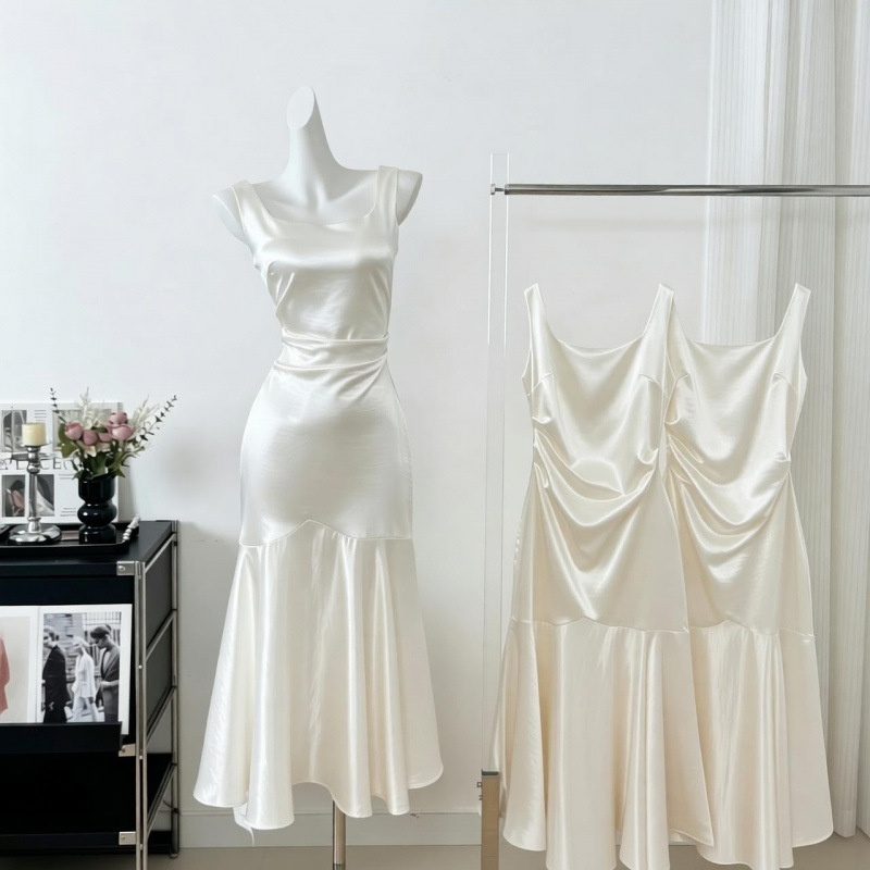 White Satin Strapless Gown for Women, Summer Mermaid Engagement Party Dress, Student Graduation Dress, Bridesmaid Long Dress White Satin Strapless Gown for Women, Summer Mermaid Engagement Party Dress, Student Graduation Dress, Bridesmaid Long Dress