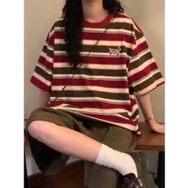 条纹刺绣小狗短袖T恤男女