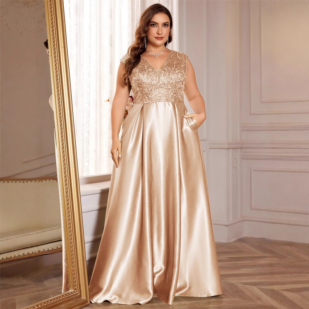 New Plus-Size Mermaid Evening Dress with Long Sleeves and V-Neck for Women, Popular in Europe and America, Available in Stock