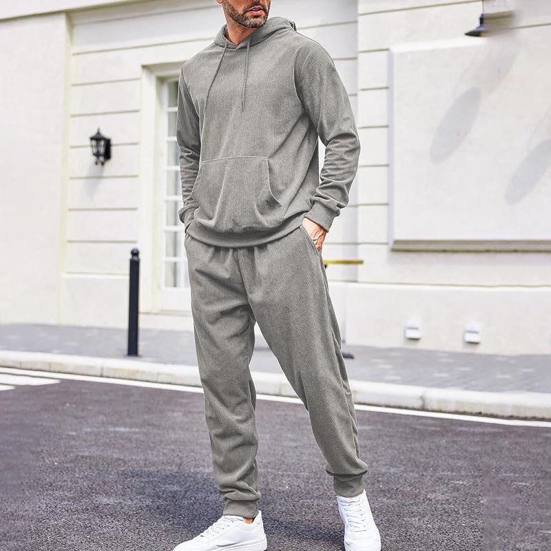 Men's Clothing 2024 Autumn and Winter Casual Men's Sweater Suit Solid Color Loose Hooded Sports Suit_voghion.com