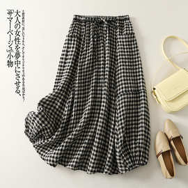 实拍2026夏新款复古格子棉麻宽松灯笼裙弹力腰半裙花苞裙