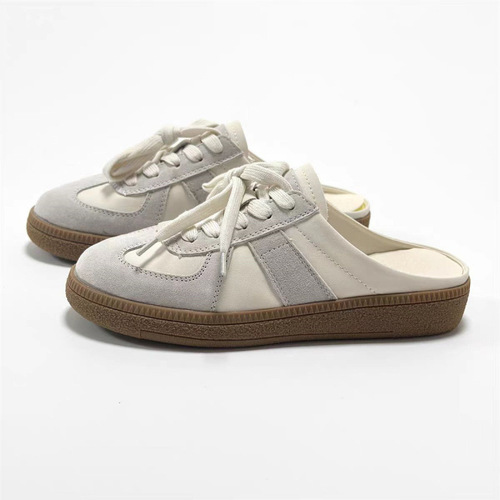 Vintage bow head half slipper women 2024 summer outdoor wear one foot pedal lazy people no heel military training shoes flat bottom sandals 