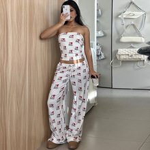 夏季欧美风休闲套装印花字母抹胸上衣宽松裤子两件套睡衣家居服女