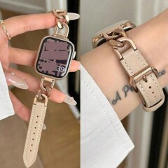金属链拼皮表带适用苹果手表watchS10/9/8/7se小香风女款表带