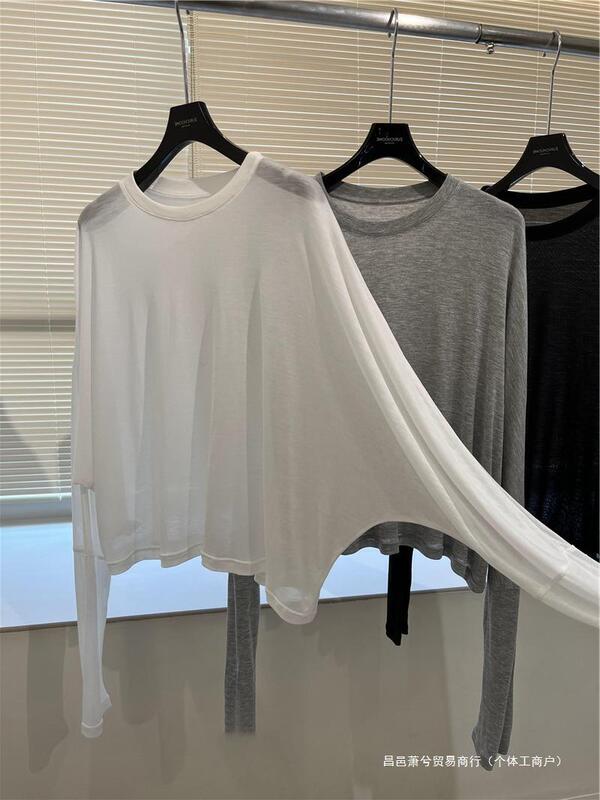 氷糸マスクtシャツ女性夏軽薄通気天糸上着ゆるい怠惰な丸首長袖日焼け止めブラウス|undefined