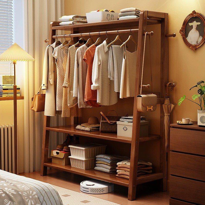 Solid Wood Hanger Floor-Standing Bedroom Hanger Household Coat Rack Room Simple Clothes Rack Bed Tail Storage Rack