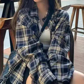 复古格子甜美薄款防晒开黑白格子复古时髦长袖衬衫女