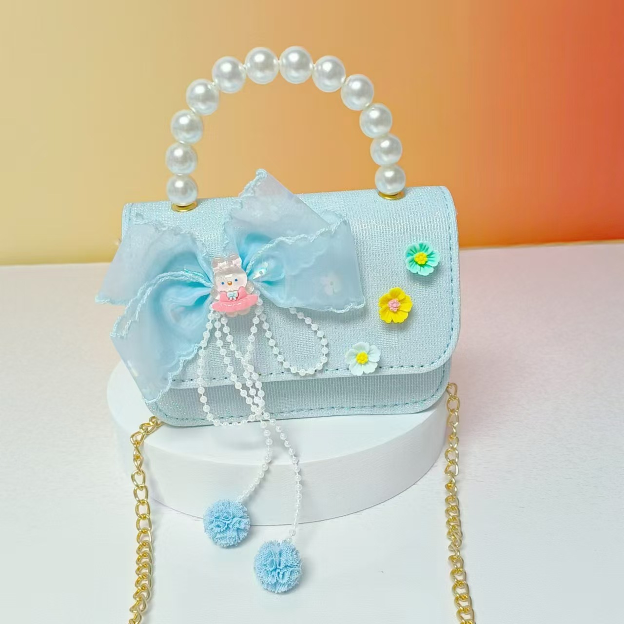 Bolso de perla de arco princesa hombro de hombro bolso de cambio accesorios para niñas pequeñas bolsas de cadena de viento para niños