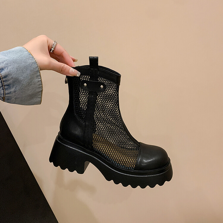 Boot nữ cổ cao đế dày gót bánh xốp da bò lưới thoáng khí xuân hè 2024 — Màu đen, Màu trắng be chi tiết 107
