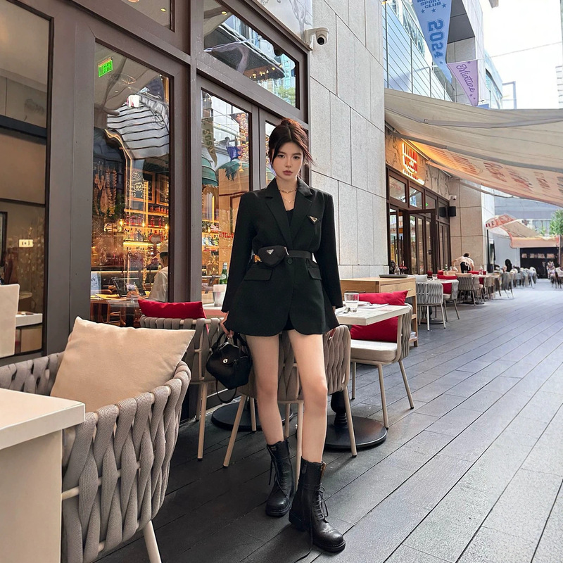 Early Spring Trendy Fashion Waist-Cinching Blazer with Triangle Logo, Adjustable Belt, and Small Bag