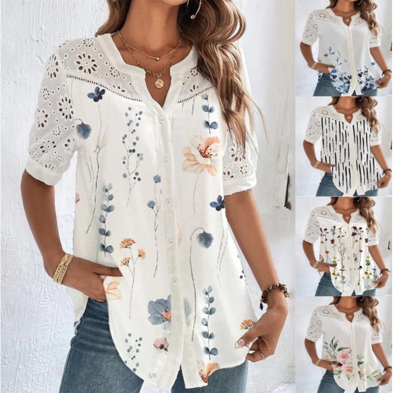 2023 Amazon Ebay Cross-Border Independent Station Export New Fashion Buttoned Lapel Short-Sleeved Shirt Women's Tops