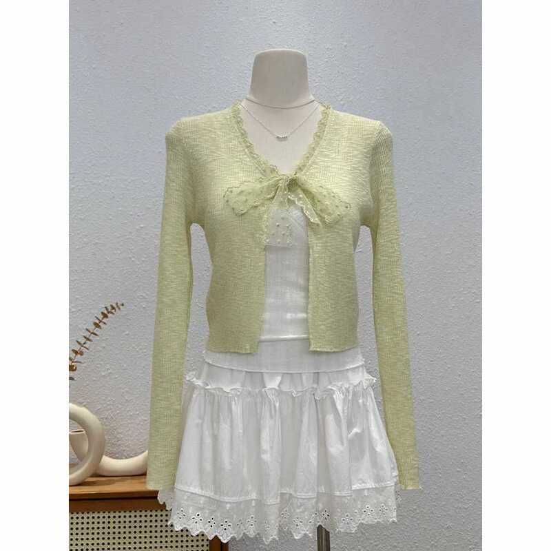 French-Style Lace Patchwork V-Neck Knit Sweater for Women, New Spring/Summer Model, Elegant and Slimming, Versatile Outerwear with Unique Tie-Up Design French-Style Lace Patchwork V-Neck Knit Sweater for Women, New Spring/Summer Model, Elegant and Slimming, Versatile Outerwear with Unique Tie-Up Design