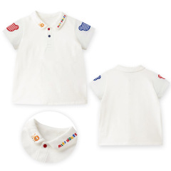 miki童裝 夏季男女童卡通小獅子格子熊短袖襯衣內搭一件代發