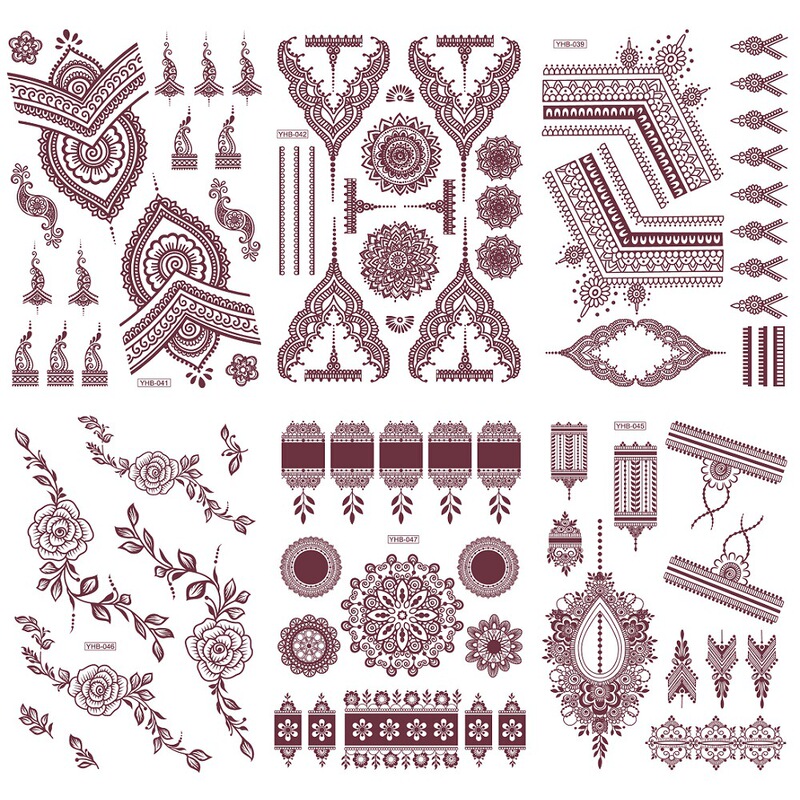 Factory wholesale new brown red lace tattoo stickers waterproof arm back Henna simulation temporary tattoo stickers