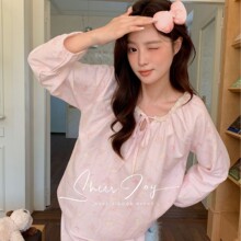 纯棉圆领舒适系带蕾丝套装女士家居服长袖长裤绒球彗星