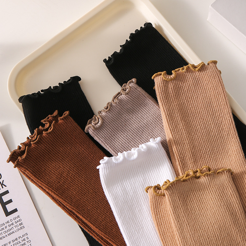 New Cotton Socks for Women 2026 Spring and Autumn Long Plain Color Ruffled Edge Lulu Socks Women's Mid-Length Trendy Socks