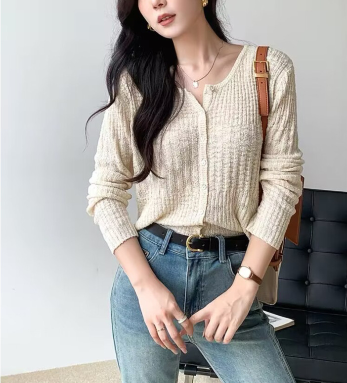 Hanyuan Apparel/White Cotton Knit Cardigan Mickey Loop Yarn Two-Color Single-Breasted Knit Cardigan for Women