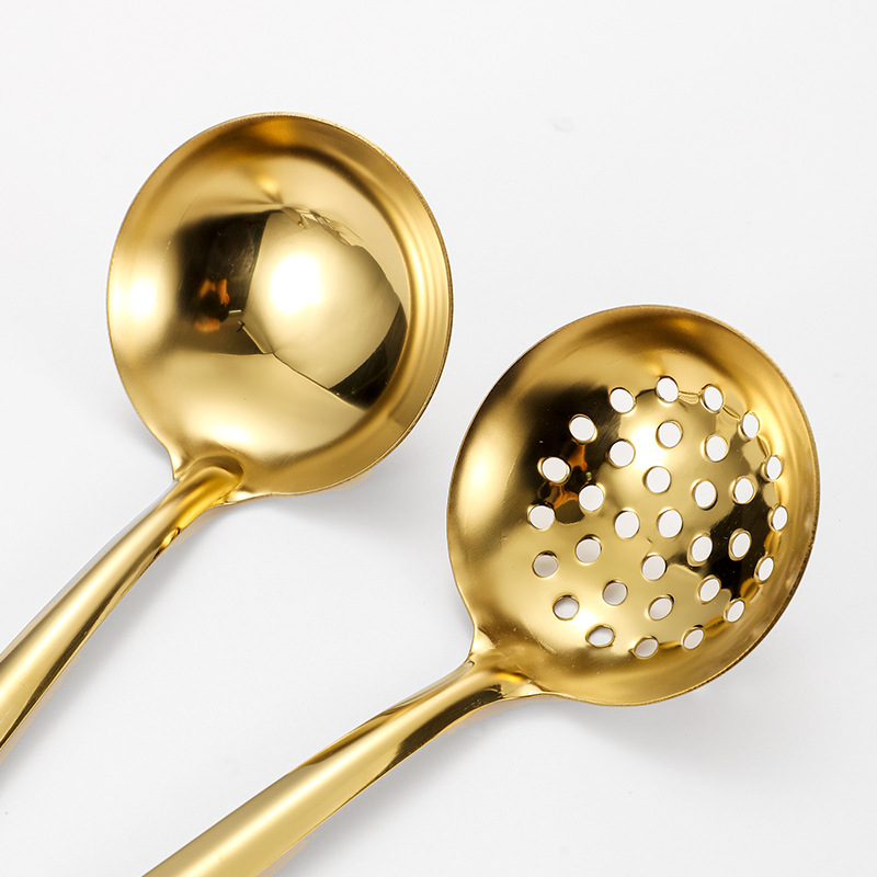 Pala frita de 6PC transfronteriza, pala para freír, cáscara de sopa, cuchara de punta con fugas, cocina chapada en oro, utensilios de cocina de acero inoxidable ligero, juego de 6 piezas, caja de regalo