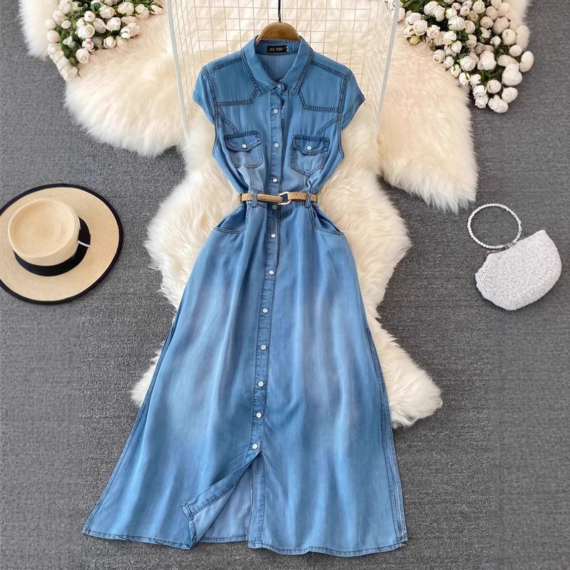 Cross-border Light Mature Style Sleeveless Denim dress Women's Summer New French Style Retro Tight Waist Slimming Long A- Shirt