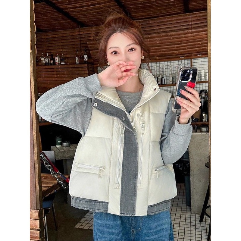 牛仔拼接羽绒棉马甲外套女2025秋冬季新款时尚百搭坎肩背心马夹女|undefined