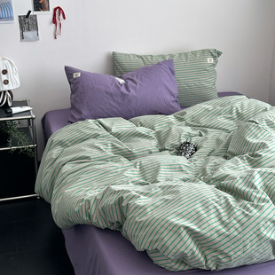 Scandinavian Ins Style Stripesd Washed Cotton Bed Four-Piece Set Mixed Bed Bed Sheets Quilt Cover Student Dormitory 3-Piece Set Wholesale