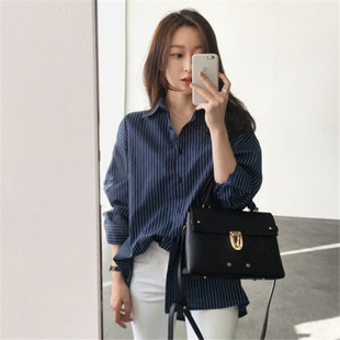 Korean Dongdaemun Striped Shirt for Women, Long-Sleeve, Mid-Length, 2024 Spring Korean Version, Loose Plus-Size Shirt, Niche Style