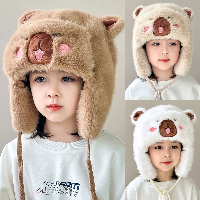 可爱卡通卡皮巴拉毛绒帽男女秋冬季骑车防寒暖护耳套头保暖帽雷锋