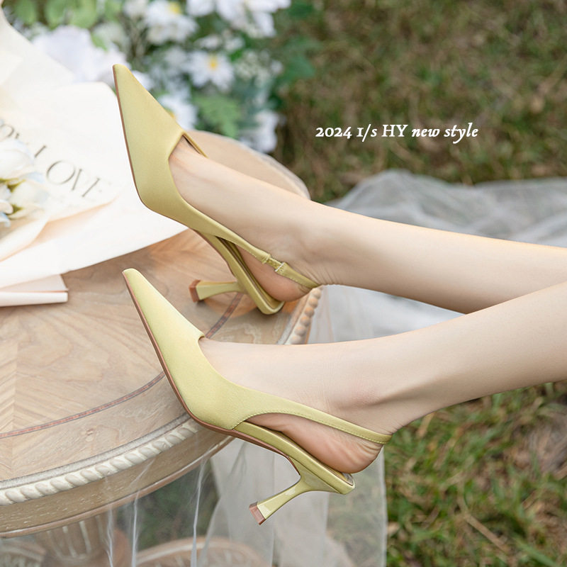 Giày cao gót nữ mũi nhọn gót mảnh quai sau bít mũi, gót 6–8 cm — Màu hồng nhạt, Màu vàng nhạt, Màu xanh lam nhạt