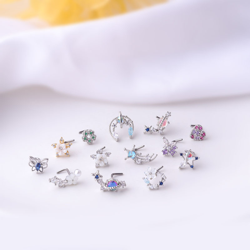 Fashion Colorful Zircon Nose Stud Titanium Steel L Rod Nose Piercing Jewelry