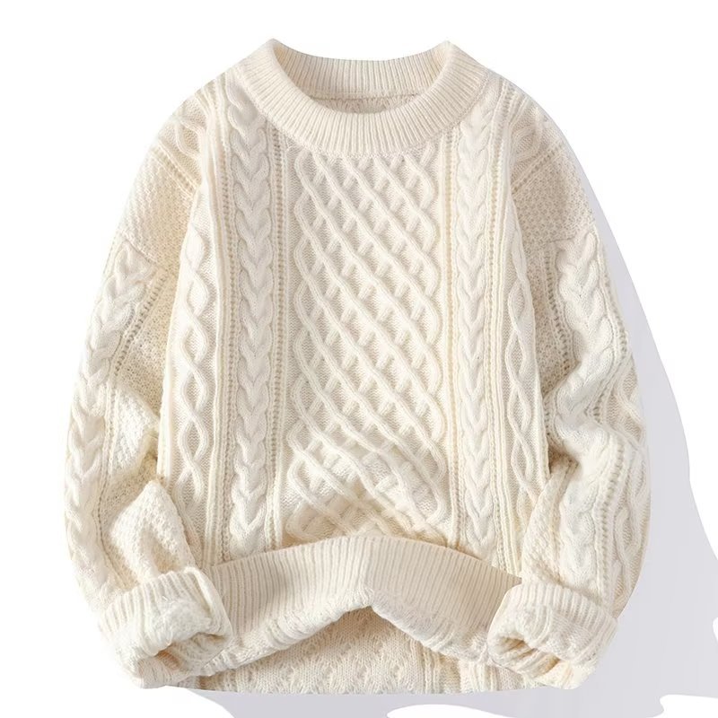 Japanese-Style Trendy Brand Twisted Knit Sweater for Men, Autumn and Winter Solid Color Crew Neck Sweater, Simple Thick Wool Sweater for Teenagers