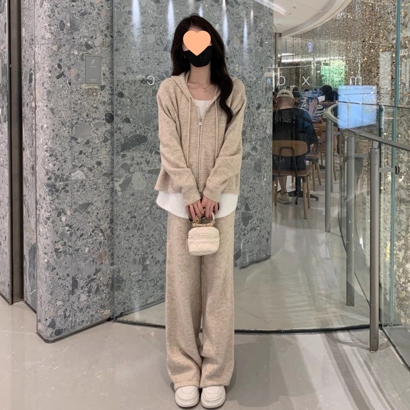 2025年春秋季套装女新款休闲时尚假两件开衫卫衣宽松阔腿裤两件套|undefined