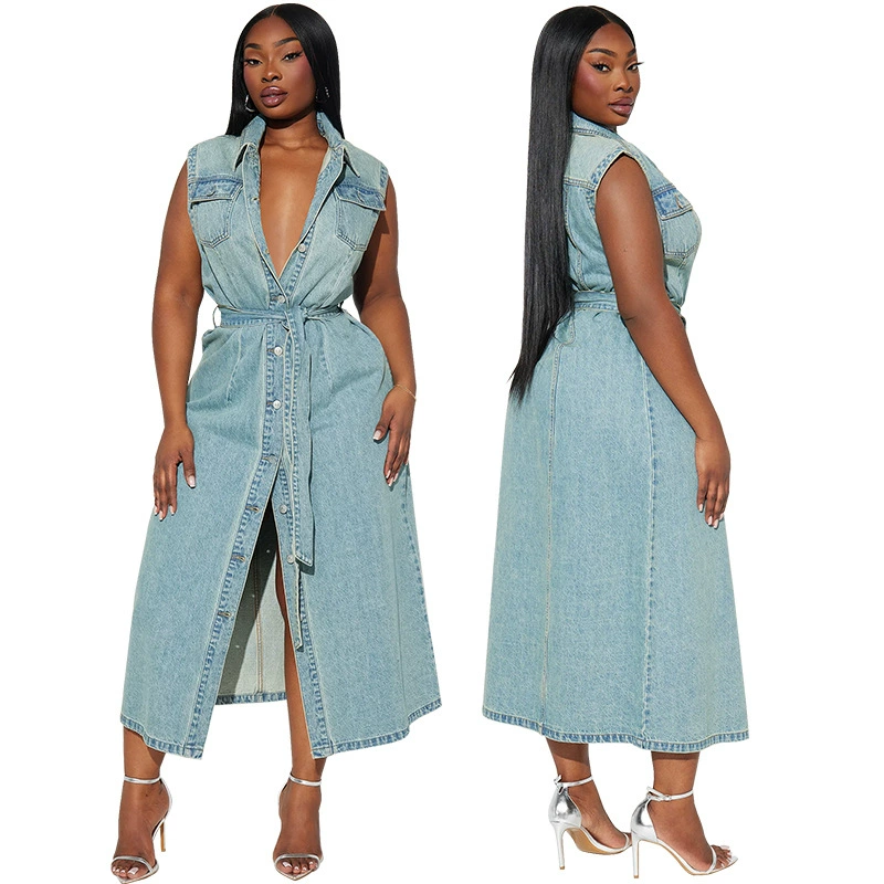 218502 Трансграничное женское джинсовое платье больших размеров без рукавов с лацканами и длинными бретелями, прямая продажа с фабрики