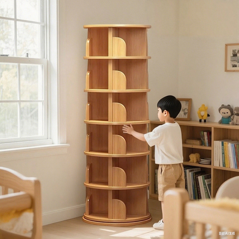 Solid Wood Rotating Bookshelf 360-Degree Floor-Standing Storage Rack Simple Narrow Cabinet Kidsren's Locker Kindergarten Corner Bookcase