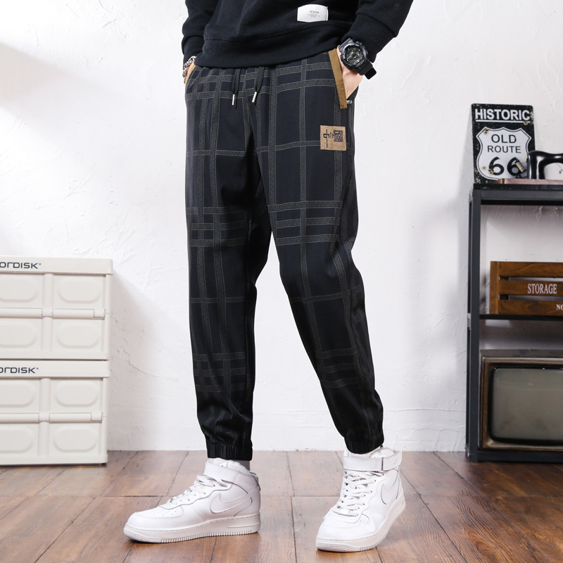 抖音同款 烫金刺绣高端休闲裤男 中国风拼色格子秋季束脚运动裤潮