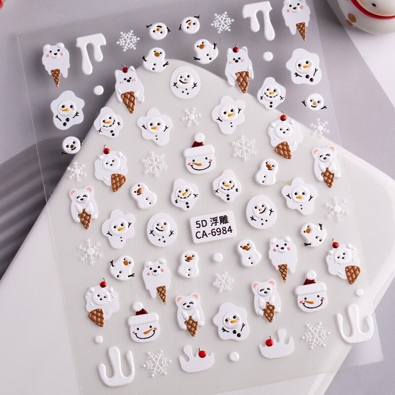 Cute Christmas Snowman Nail Art Stickers 5D Relief Three-Dimensional Santa Claus Elk Nail Stickers Ornaments Ca Style