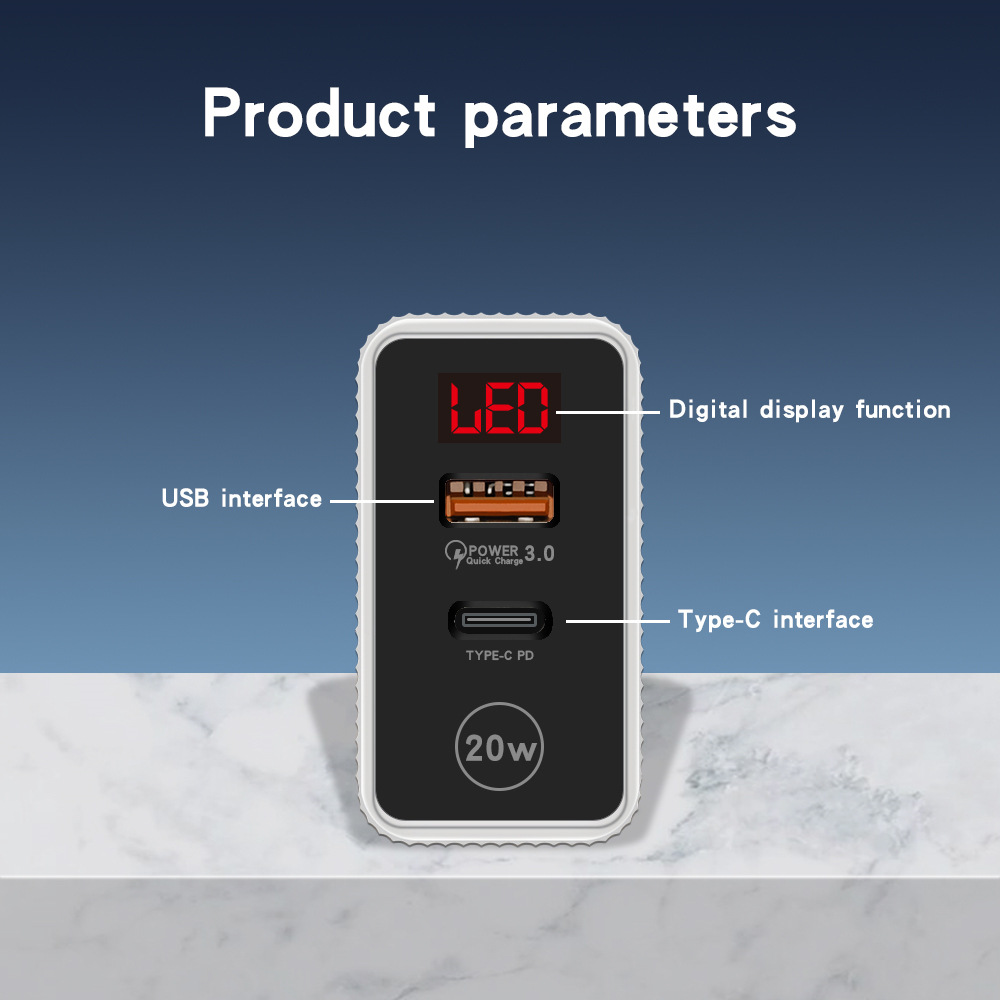 Dual port 20W digital display fast charging head QC3.0+PD charger British standard plug type-c power adapter_voghion.com