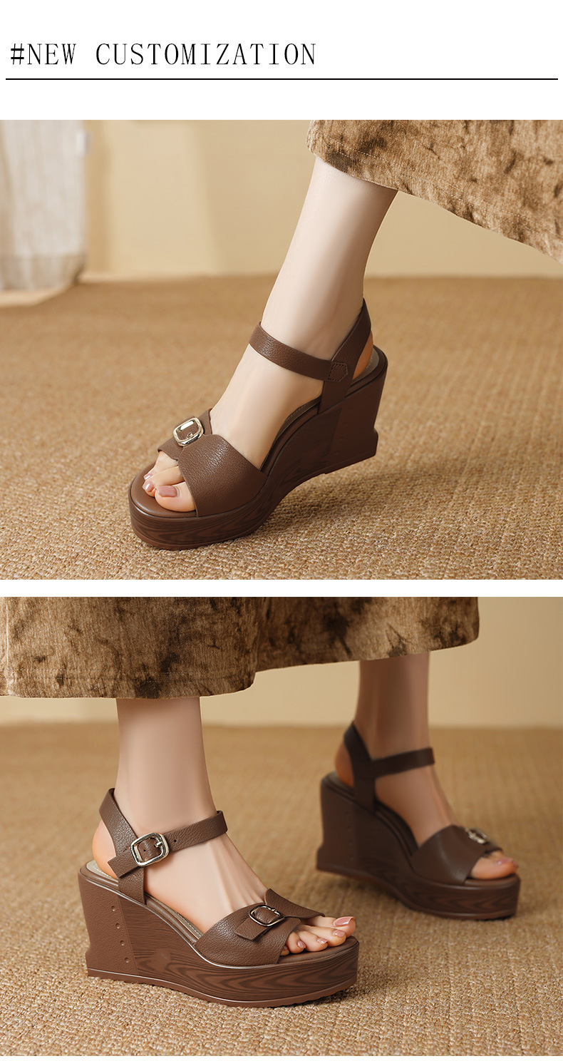 Sandal cao gót nữ mũi hở quai ngang đế xuồng da bò thật — màu nâu, màu đen chi tiết 4
