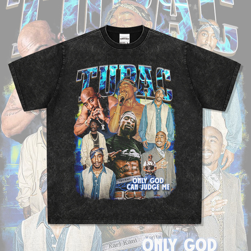 Retro hip hop rap tupac printed Street short sleeve washed distressed trendy brand T-shirt loose men's base shirt