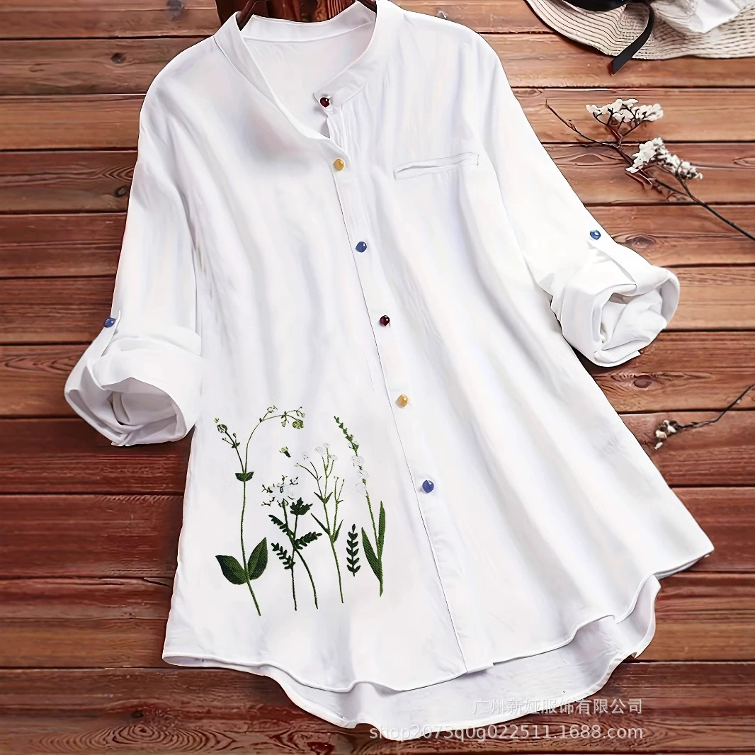 2024 Плюс размер рубашка с длинными рукавами с принтом хлопчатобумажная льна плюс размер женская рубашка