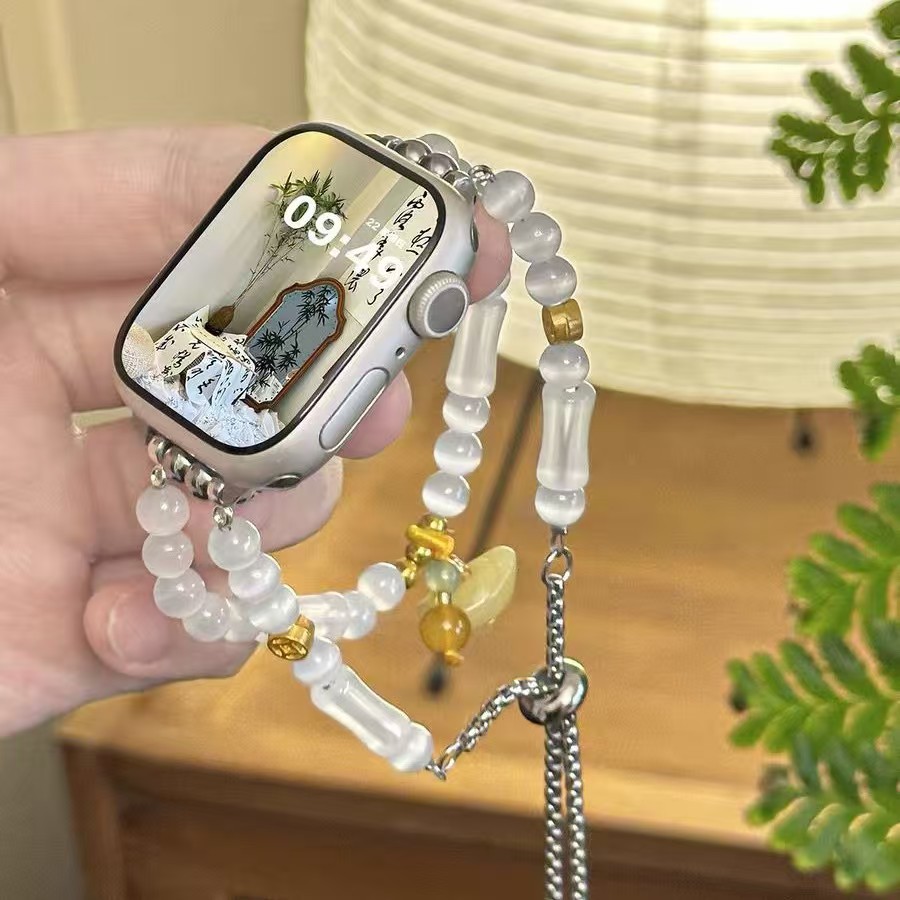 Suitable for iWatch Ingot Jade Bracelet Strap S10 Elastic Semi-Adjustable Beaded Strap Double Chain Cat Eye Women's Model