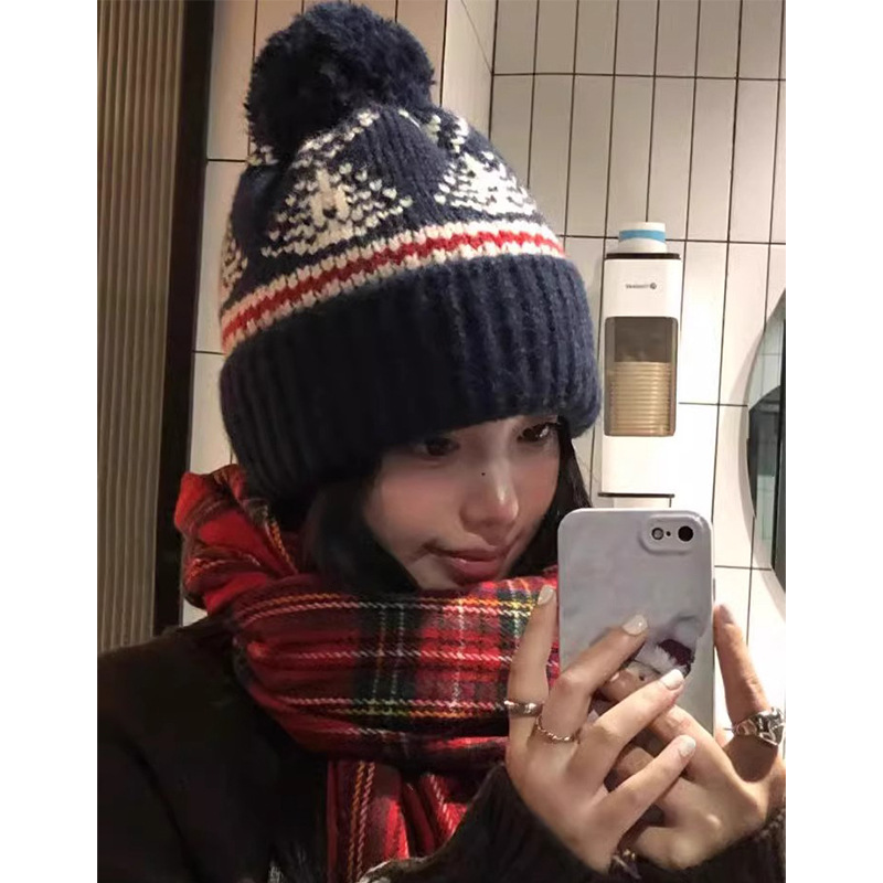 フェア島風毛糸帽子女子秋冬レトロ百合大頭囲保温ニット帽子顔小耳保護帽子