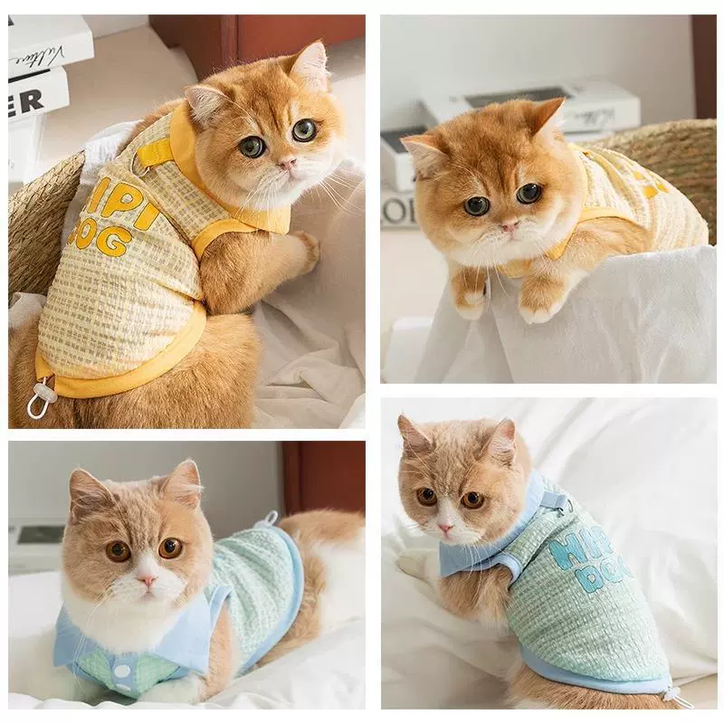 Весенне-летний жаккардовый клетчатый жилет с лацканами для домашних кошек, маленький синий кошачий рэгдолл, одежда против выпадения шерсти