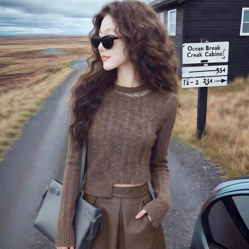 Women's brown round-neck knitted sweater, 2026 autumn/winter new collection, fashionable design, short sweater top for petite figures, A13980