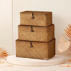海草編み収納バスケット枠草編み収納バスケット藤編み蓋付きテーブル天板雑物スナック整理収納ボックス