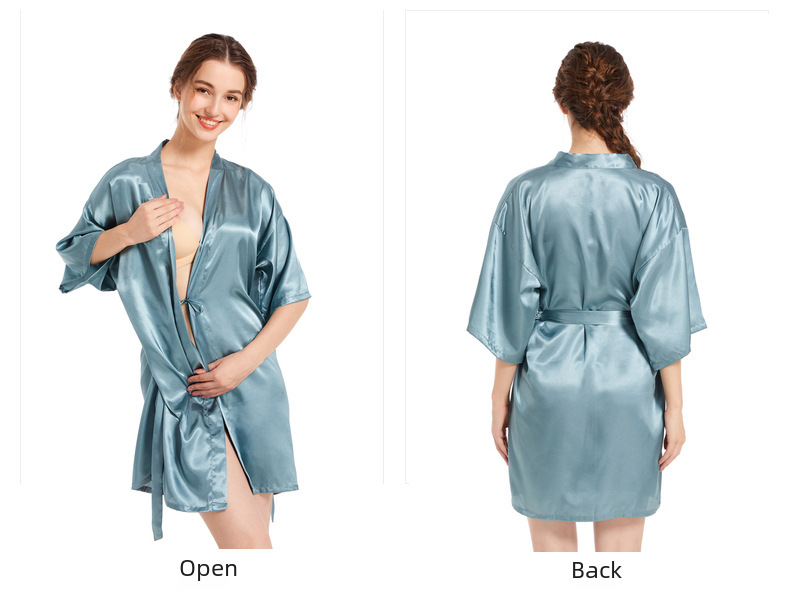 Cross-border Women's Twisted Sade Nightgown Bathrobe Solid Color Glossy Summer Thin Sexy Short Cardigan Gown_voghion.com