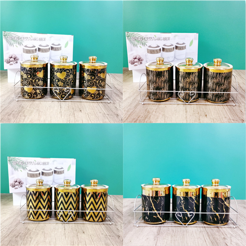 Transfronterizo nuevo tarro sellado chapado en oro de cerámica de 3 cabezas de almacenamiento tarro de almacenamiento de cocina con estante de hierro tarro de condimento tarro de café